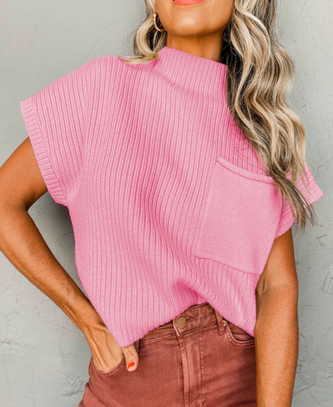 Pink Patch Pocket Ribbed Sweater