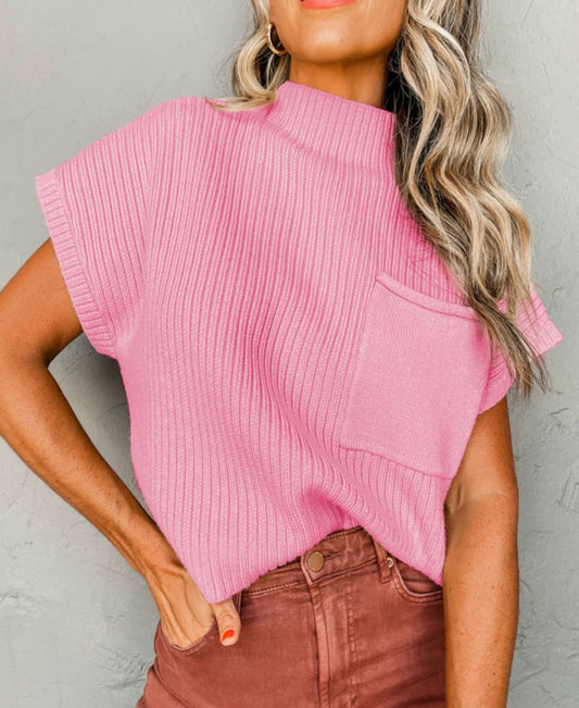 Pink Patch Pocket Ribbed Sweater